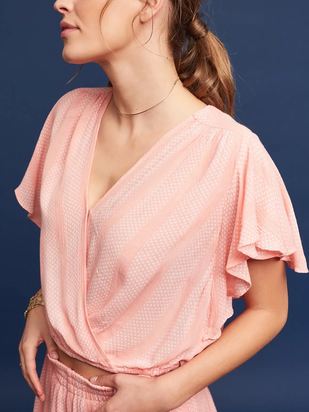 Anthropologie Maeve Pink V-Neck Blouse with Flutter Sleeves